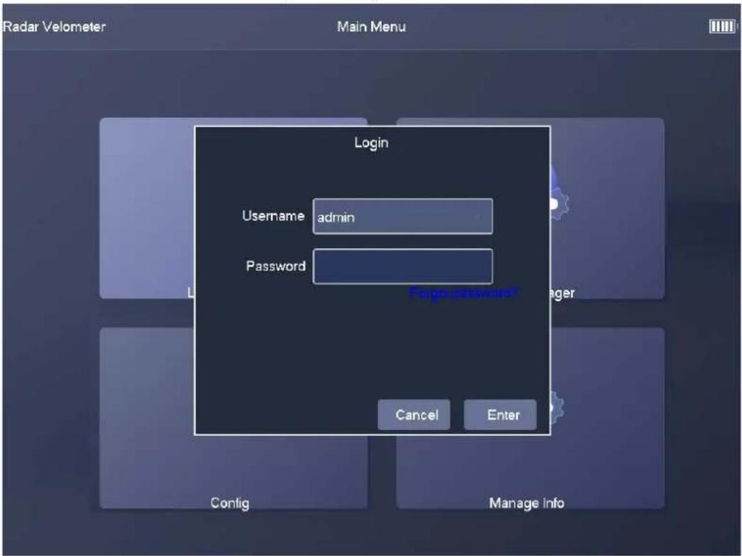 Radar Velometer Main Menu Login Username admin Password Login password? Cancel Enter Config Manage Info