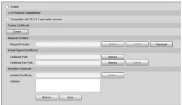 Enable TLS Protocol Compatibility Compatible with TLSv1.1 and earlier versions Create Certificate Create Request Created Request Created Delete Install Download Install Signed Certificate Certificate Path Browse Certificate Key Path Browse Spread Installed Certificate Installed Certificate Delete Attribute Refresh Save