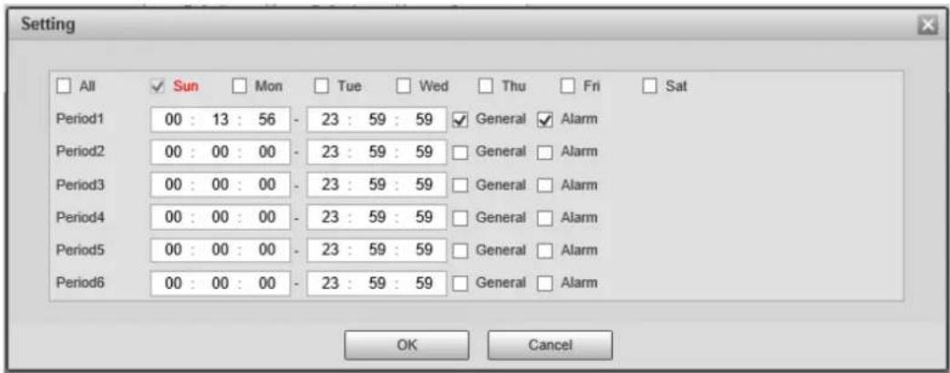 Setting All ✓ Sun Mon □ Tue □ Wed □ Thu □ Fri □ Sat Period1 00 : 13 : 56 - 23 : 59 : 59 ✓ General ✓ Alarm Period2 00 : 00 : 00 - 23 : 59 : 59 □ General □ Alarm Period3 00 : 00 : 00 - 23 : 59 : 59 □ General □ Alarm Period4 00 : 00 : 00 - 23 : 59 : 59 □ General □ Alarm Period5 00 : 00 : 00 - 23 : 59 : 59 □ General □ Alarm Period6 00 : 00 : 00 - 23 : 59 : 59 □ General □ Alarm OK Cancel