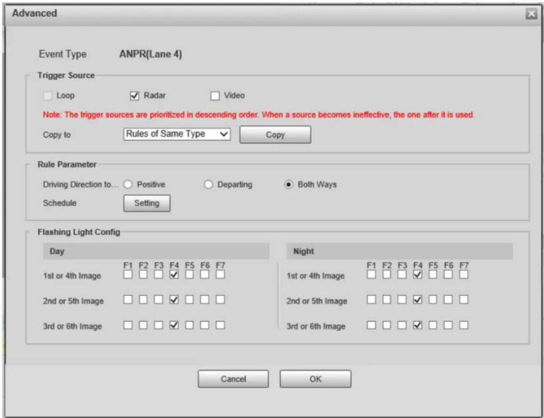 Advanced Event Type ANPR(Lane 4) Trigger Source Loop Radar Video Note: The trigger sources are prioritized in descending order. When a source becomes ineffective, the one after it is used. Copy to Rules of Same Type Copy Rule Parameter Driving Direction to... Positive Departing Both Ways Schedule Setting Flashing Light Config Day Night 1st or 4th Image F1 F2 F3 F4 F5 F6 F7 2nd or 5th Image 1st or 4th Image F1 F2 F3 F4 F5 F6 F7 3rd or 6th Image 2nd or 5th Image 3rd or 6th Image Cancel OK