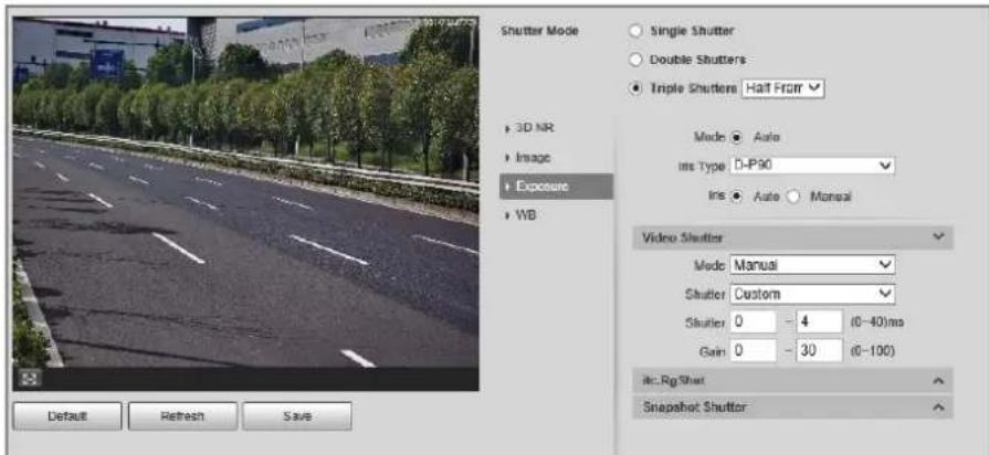 Shutter Mode Single Shutter Double Shutters Triple Shutters Half From 3D NR Image Exposure WB Mode: Auto Ins Type D-P90 Ins: Auto Manual Video Shutter Mode: Manual Shutter Custom Shutter 0 - 4 (0-40)ms Gain 0 - 30 (0-100) Rc.Rg.Shut Snapshot Shutter Default Refresh Save