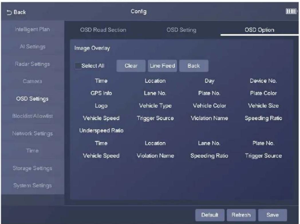 Back Config Intelligent Plan AI Settings Radar Settings Camera OSD Settings Blocklist/Allowlist Network Settings Time Storage Settings System Settings Image Overlay Select All Clear Line Feed Back Time Liocation Day Device No. GPS Info Lane No. Plate No. Plate Color Logo Vehicle Type Vehicle Color Vehicle Size Vehicle Speed Trigger Source Violation Name Speeding Ratio Underspeed Ratio Time Location Lane No. Plate No. Vehicle Speed Violation Name Speeding Ratio Trigger Source Default Refresh Save
