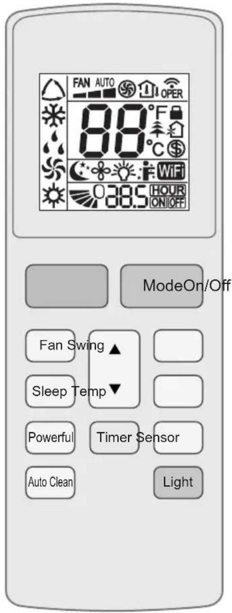 FAN AUTO OPER 88°F 88°C WiFi 30.5 HOUR ON OFF ModeOn/Off Fan Swing ▲ Sleep Temp ▼ Powerful Timer Sensor Auto Clean Light