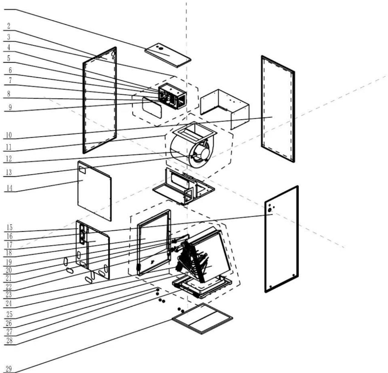 Exploded view diagram of a device with numbered components, showing internal structure and assembly relationships.