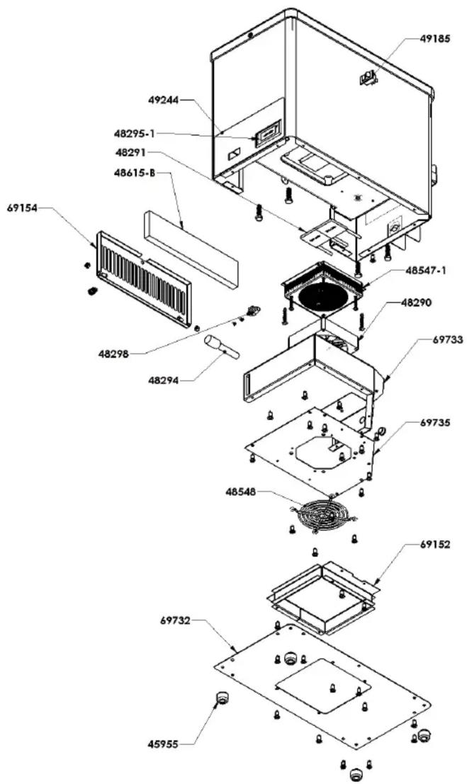Exploded view diagram of a device with labeled components, showing internal structure and assembly details.