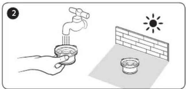 Illustration showing a hand holding a faucet above a bowl, with a sun symbol above a brick wall and another bowl below (no text or symbols).