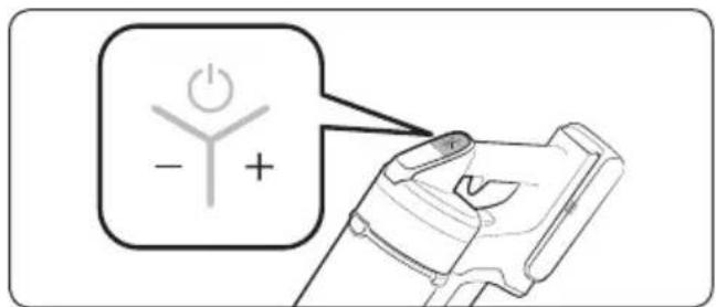 Diagram showing a power button icon with minus and plus signs connected to a device, likely illustrating a basic electrical or mechanical concept.