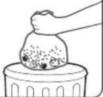 Simple line drawing of a hand pouring granular material into a container (no text or symbols)