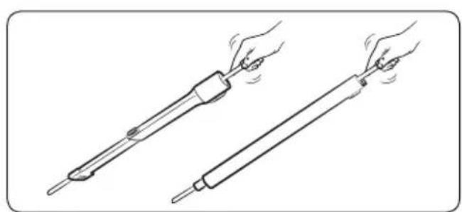 Illustration of two hands holding test probes, one emitting smoke or vibration, with no text or symbols.