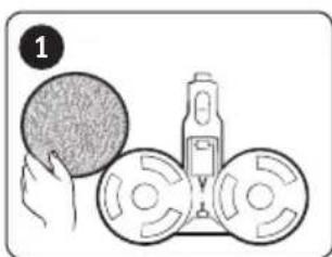 Illustration of a hand holding a circular object next to two circular discs with a mechanical device (no text or symbols).