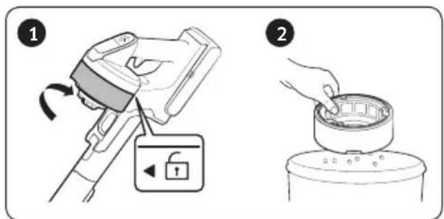 Diagram showing two steps of a device operation: step 1 is turned into a device with lock, while step 2 is placed on a container with a handle.
