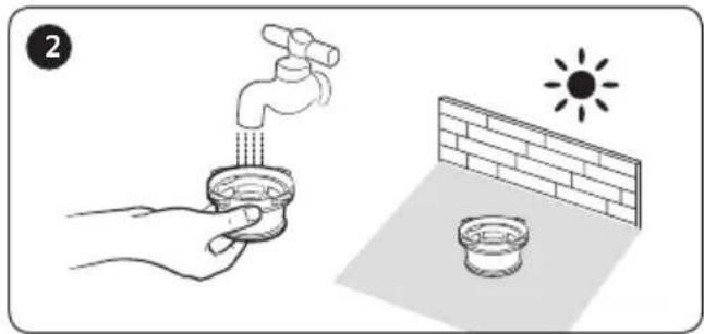 Illustration showing a hand washing a faucet with water, sunlight illuminating the surface, and a bowl on a floor (no text or symbols)