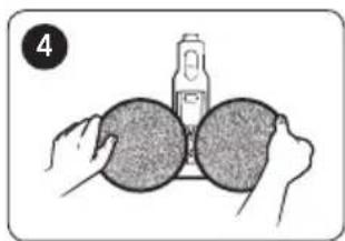 Illustration of hands holding two circular objects with a bottle above them (no text or symbols)