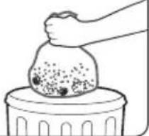 Simple line drawing of a hand pouring granular material into a trash bin (no text or symbols)