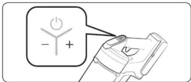 Diagram showing a power symbol with minus and plus signs connected to a device, likely illustrating a power or energy concept.