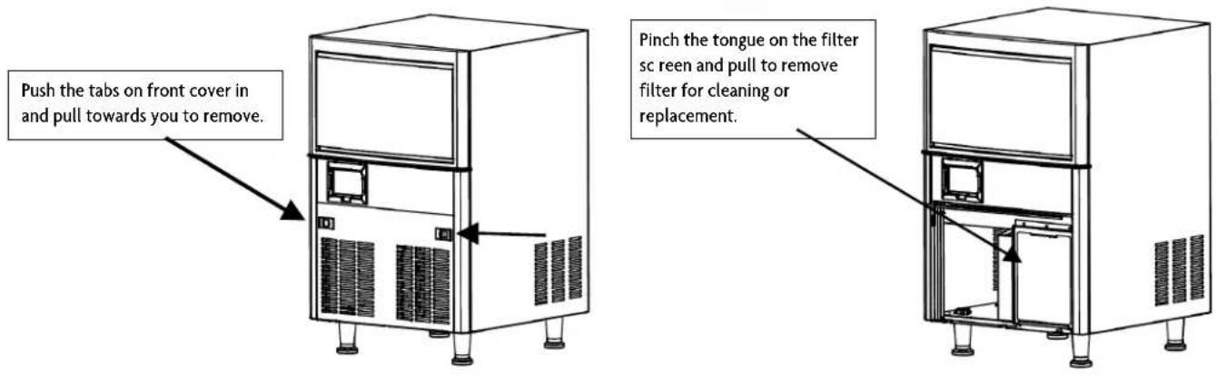 Push the tabs on front cover in and pull towards you to remove. Pinch the tongue on the filter sc reen and pull to remove filter for cleaning or replacement.