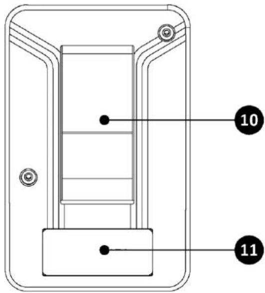 Technical diagram of a device with labeled components 10 and 11, showing internal structure and mounting points.