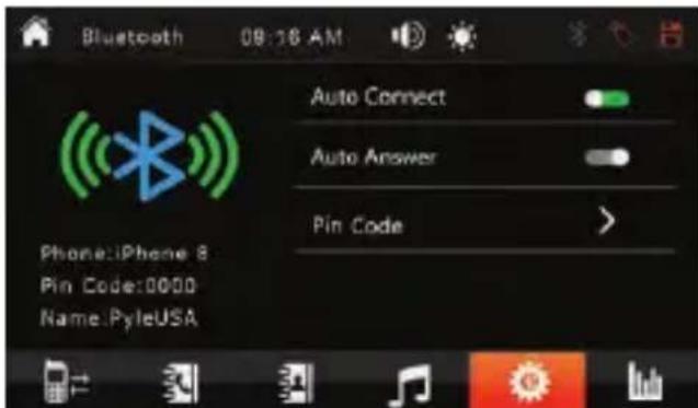 Bluetooth 08:16 AM Phone:IPhone 8 Pin Code:0000 Name:PyleUSA Auto Connect Auto Answer Pin Code >