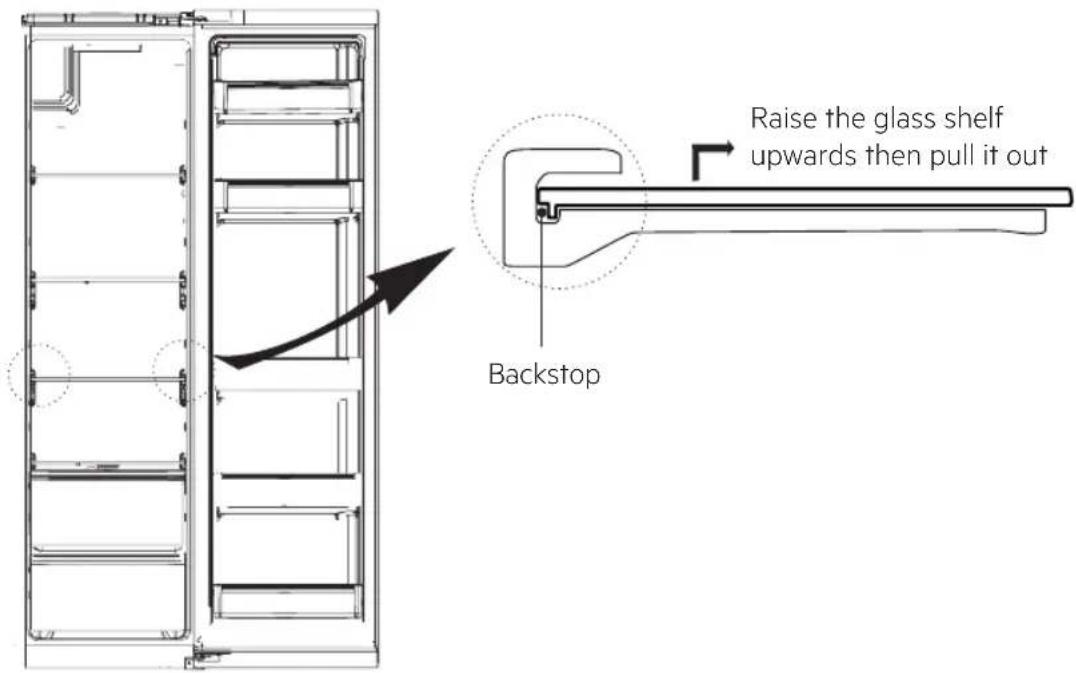 Raise the glass shelf upwards then pull it out Backstop