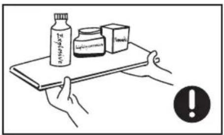 Illustration showing a tray with labeled items including a bottle, a jar, and a box, with an exclamation mark in the bottom right corner.