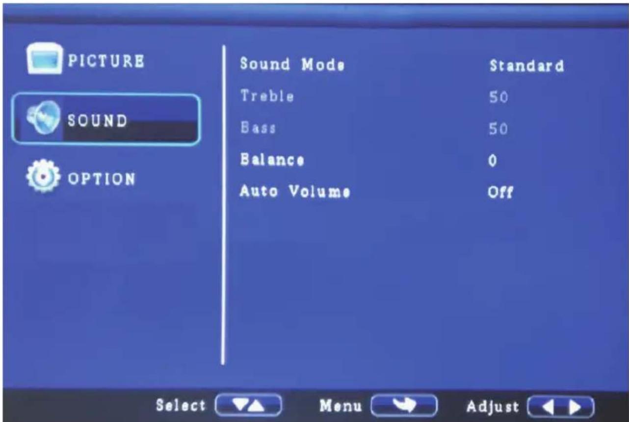 PICTURE SOUND OPTION Sound Mode Standard Treble 50 Bass 50 Balance 0 Auto Volume Off Select ▼️ Menu → Adjust ◀▶