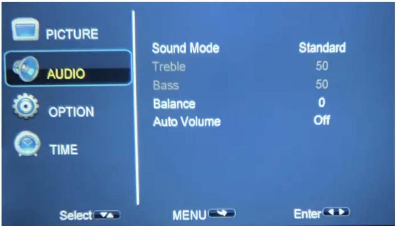 PICTURE AUDIO OPTION TIME Sound Mode Standard Treble 50 Bass 50 Balance 0 Auto Volume Off Select MENU Enter