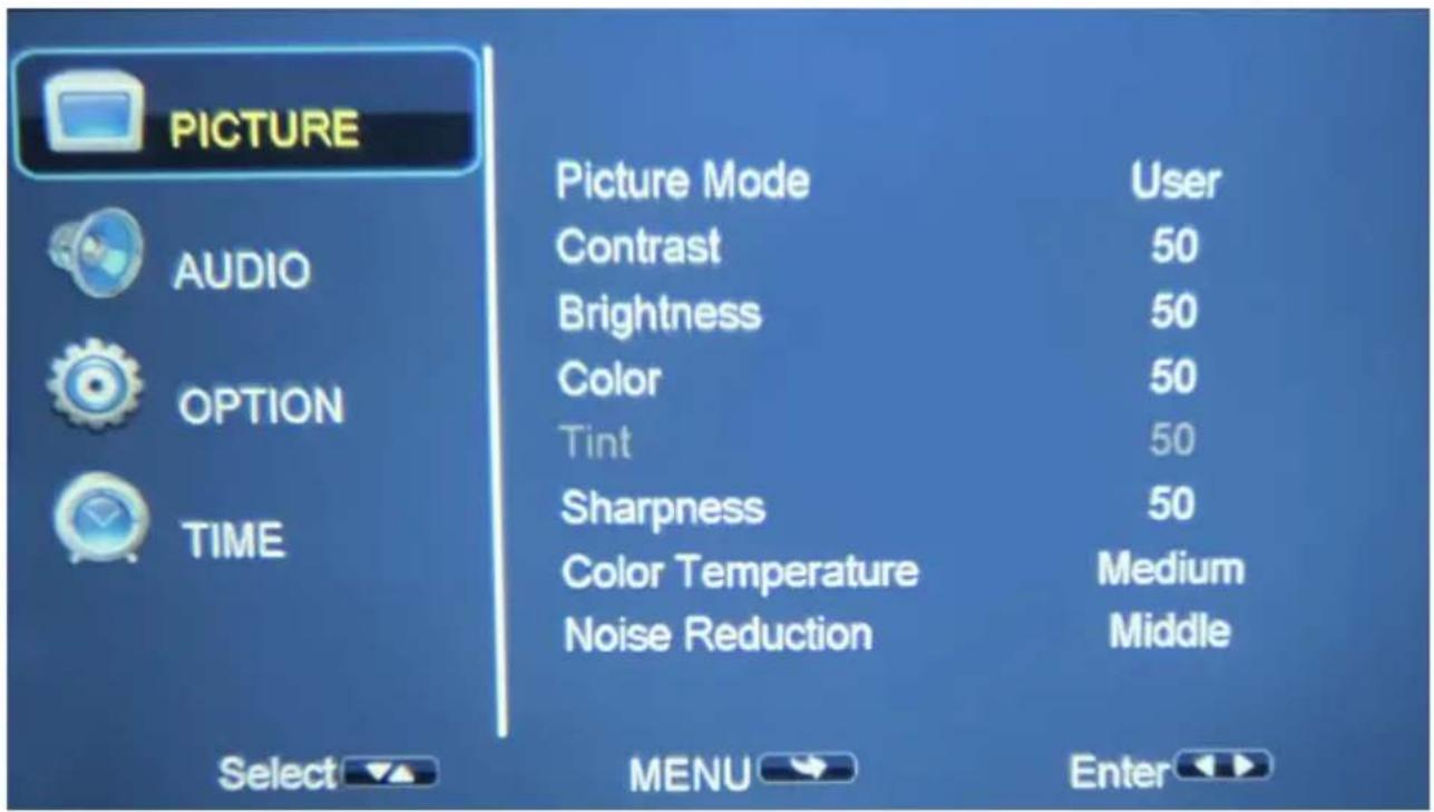 PICTURE AUDIO OPTION TIME Picture Mode User Contrast 50 Brightness 50 Color 50 Tint 50 Sharpness 50 Color Temperature Medium Noise Reduction Middle Select MENU Enter