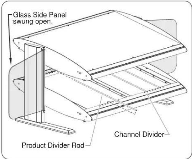 Glass Side Panel swung open. Channel Divider Product Divider Rod