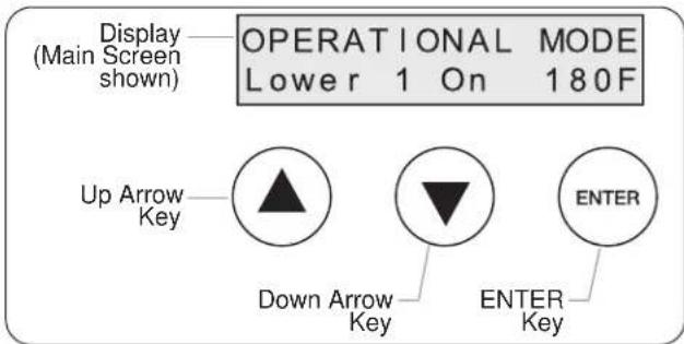 Display (Main Screen shown) OPERATIONAL MODE Lower 1 On 180F Up Arrow Key Down Arrow Key ENTER Key