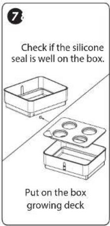 Check if the silicone seal is well on the box. Put on the box growing deck