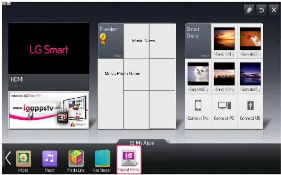 LG Smart HDMI CINEMA 36 Smart TV www.lgappstv.com1 eGappsv Premium Movie News Music Photo Game Smart Share More -Samp e01.jr -Sampe02.jr -Samples03.jr -Samp e04.jr -Samples05.jr Connect Mc Connect PC Connect US My Apps Photo Music Media Link File Viewer Magical Mirro