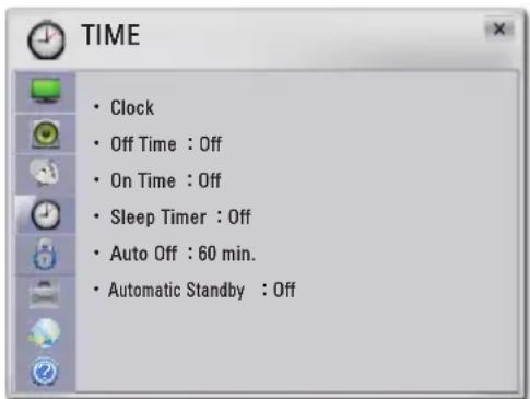 TIME • Clock • Off Time : Off • On Time : Off • Sleep Timer : Off • Auto Off : 60 min. • Automatic Standby : Off