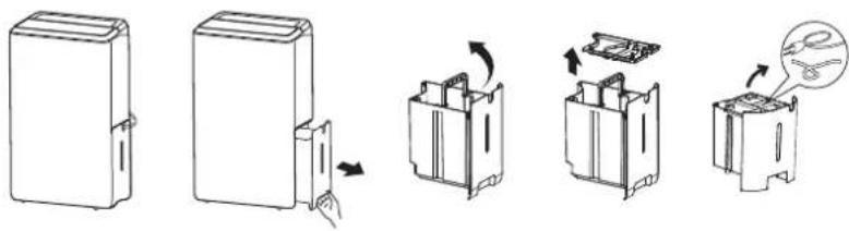 Diagram illustrating the step-by-step assembly of a device into a housing, showing transformation from front panel to side panels with a magnified detail.
