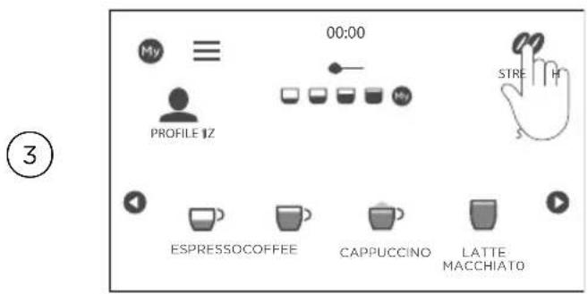 My ≡ 00:00 PROFILE 12 STRE H ESPRESSOCOFFEE CAPPUCCINO LATTE MACCHIATO ③