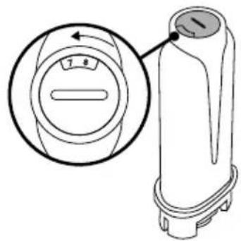 Technical diagram of a device with labeled dial and control knob, showing a circular dial indicator and a cylindrical component.