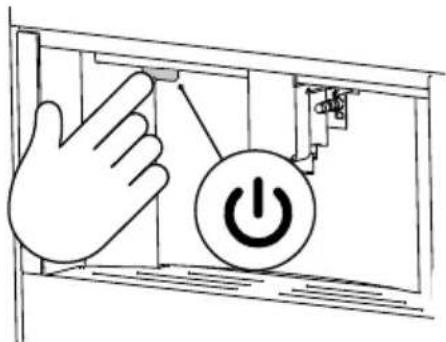 Diagram showing a hand pressing a button labeled 'Power' with an icon, likely illustrating a control or mechanical operation.