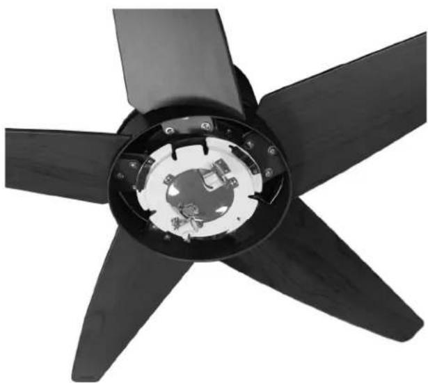 Close-up of a black propeller with five blades and internal circuitry (no text or symbols visible)