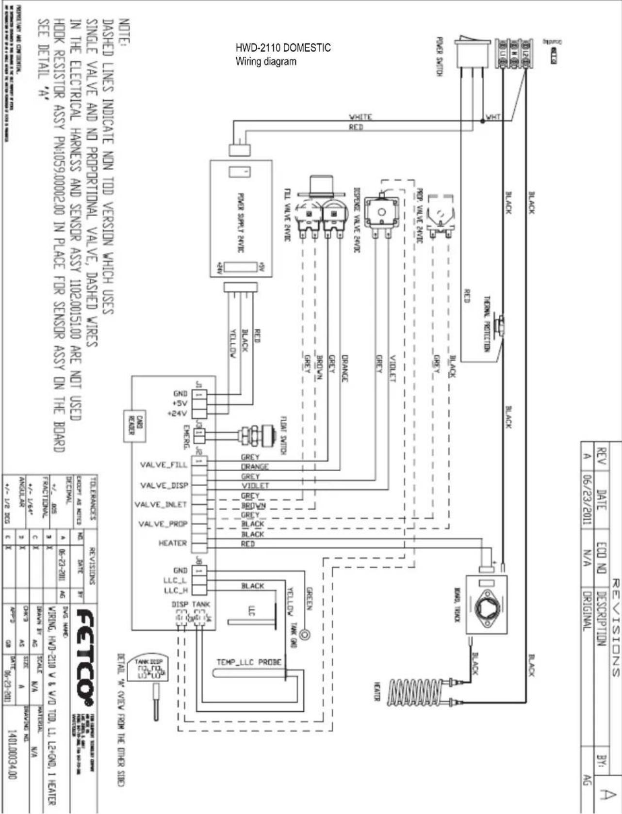 REVISIONS REV DATE ECO NO DESCRIPTION BY: A 06/23/2011 N/A ORIGINAL AG POWER SWITCH BLACK BLACK BRAND TRACK GREEN YELLOW TANK GND HEATER PREF. VALVE 24VIC GREEN YELLOW TANK GND SPENSE VALVE 24VIC ORANGE GREEN YELLOW TANK GND FILL VALVE 24VIC GREEN YELLOW TANK GND FLOAT SWITCH GREEN YELLOW TANK GND J8 1 J8 1 J8 GND +5V EMERG. +24V VALVE_FILL VALVE_DISP VALVE_INLET VALVE_PROP VALVE_PRIP HEATER J8 1 J8 CARD READER DETAIL "A" (VIEW FROM THE OTHER SIDE) HWD-2110 DOMESTIC Wiring diagram NOTE: DASHED LINES INDICATE NON TOD VERSION WHICH USES SINGLE VALVE AND NO PROPORTIONAL VALVE, DASHED WIRES IN THE ELECTRICAL HARNESS AND SENSOR ASSY 1102.00151.00 ARE NOT USED HOOK RESISTOR ASSY PN1059.00002.00 IN PLACE FOR SENSOR ASSY ON THE BOARD SEE DETAIL "A" TOLERANCES REVISIONS EXCEPT AS NOTES NO. DATE BY DECIMAL A 06-23-2011 AG DVG NAME: +/- .005 B X FRACTIONAL C X DRAWN BY AG SCALE N/A MATERIAL N/A +/- 1/64' D X CHK'D AS SIZE A BRAVING NO. ANGULAR C X APP'D GB DATE 06-23-2011 1401.00034.00 +/- 1/2 DEG