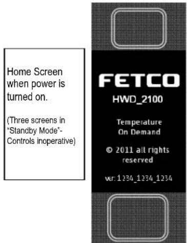 Home Screen when power is turned on. (Three screens in "Standby Mode" -Controls inoperative) FETCO HWD_2100 Temperature On Demand © 2011 all rights reserved wr: 1234_1234_1234