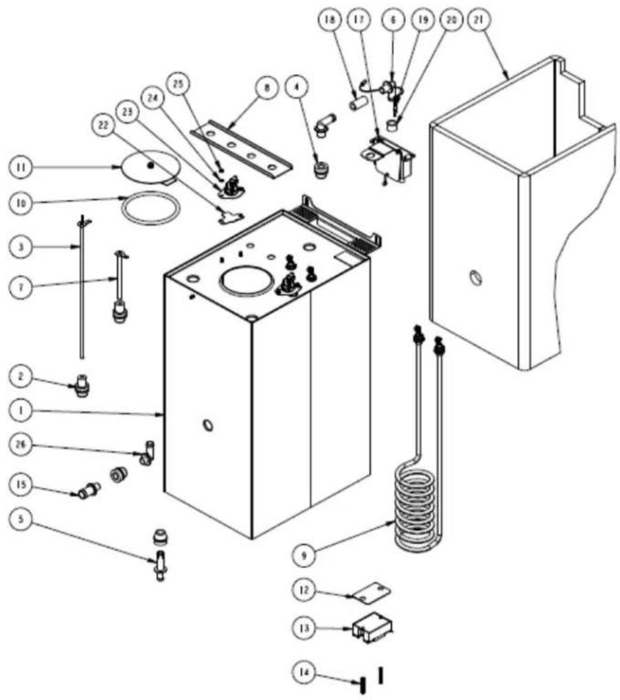 Exploded view diagram of a mechanical device with numbered components for identification