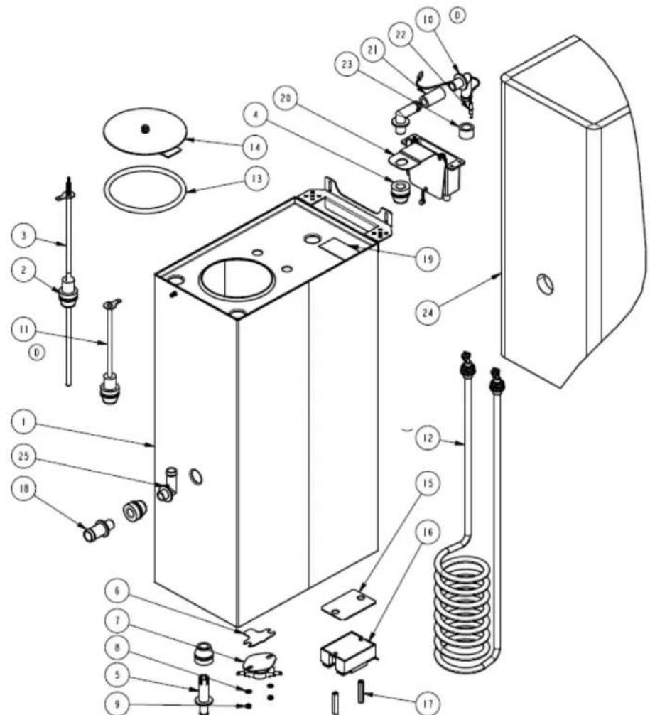 Exploded view diagram of a refrigerator internal components with numbered parts for identification