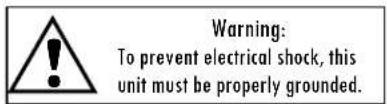 Warning: To prevent electrical shock, this unit must be properly grounded.