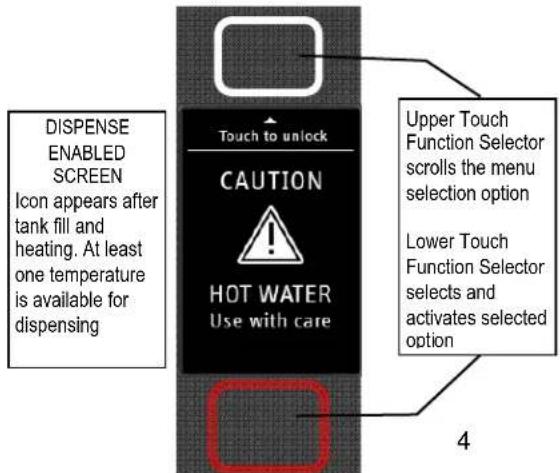 DISPENSE ENABLED SCREEN Icon appears after tank fill and heating. At least one temperature is available for dispensing Touch to unlock CAUTION HOT WATER Use with care Upper Touch Function Selector scrolls the menu selection option Lower Touch Function Selector selects and activates selected option 4