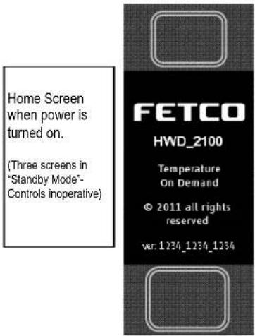 Home Screen when power is turned on. (Three screens in "Standby Mode" -Controls inoperative) FETCO HWD_2100 Temperature On Demand © 2011 all rights reserved wr: 1234_1234_1234