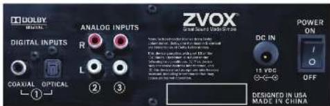 QUOLBY DIGITAL INPUTS ANALOG INPUTS ZVOX Digital Inputs R L ① ② ③ COAXIAL OPTICAL ④ DC IN 15 VDC POWER ON OFF DESIGNED IN USA MADE IN CHINA