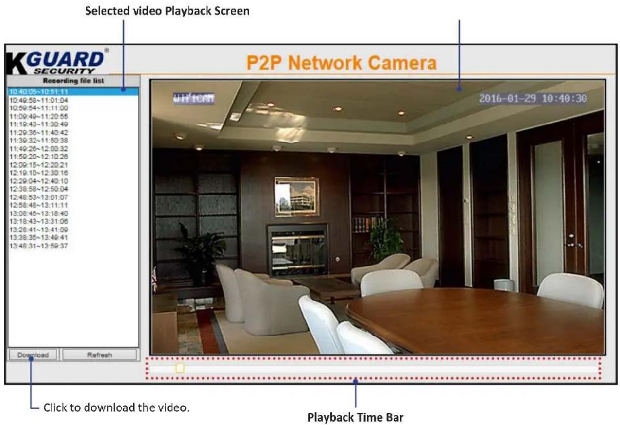 Selected video Playback Screen KGUARD® SECURITY Recording file list 10:40:05~10:51:11 10:49:58~11:01:04 10:59:54~11:11:00 11:09:49~11:20:55 11:19:43~11:30:49 11:29:38~11:40:42 11:39:32~11:50:38 11:49:26~12:00:32 11:59:20~12:10:26 12:09:15~12:20:21 12:19:10~12:30:16 12:29:04~12:40:10 12:38:58~12:50:04 12:48:53~13:01:07 12:58:49~13:11:11 13:08:45~13:18:40 13:18:43~13:31:08 13:28:41~13:41:09 13:38:35~13:49:41 13:48:31~13:59:37 Download Refresh P2P Network Camera UHFCAN 2016-01-29 10:40:30 Click to download the video. Playback Time Bar