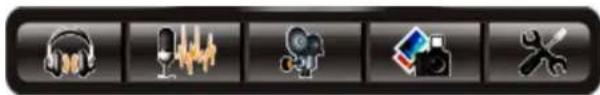 Row of six software icons including headphones, audio, camera, and wrenches