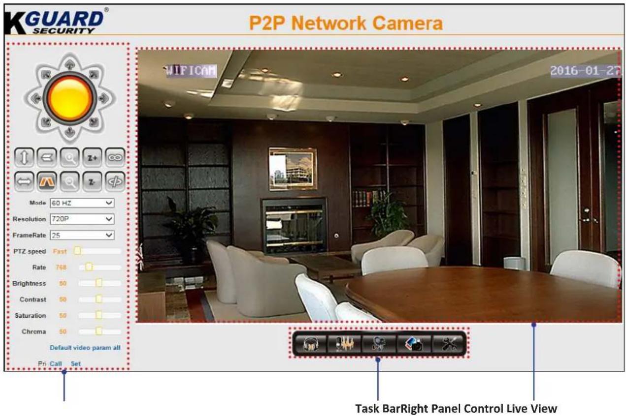 KGUARD® SECURITY P2P Network Camera WIFICAM 2016-01-27 Mode 60 Hz Resolution 720P FrameRate 25 PTZ speed Fast Rate 768 Brightness 50 Contrast 50 Saturation 50 Chroma 50 Default video param all Pri. Call Set Task BarRight Panel Control Live View