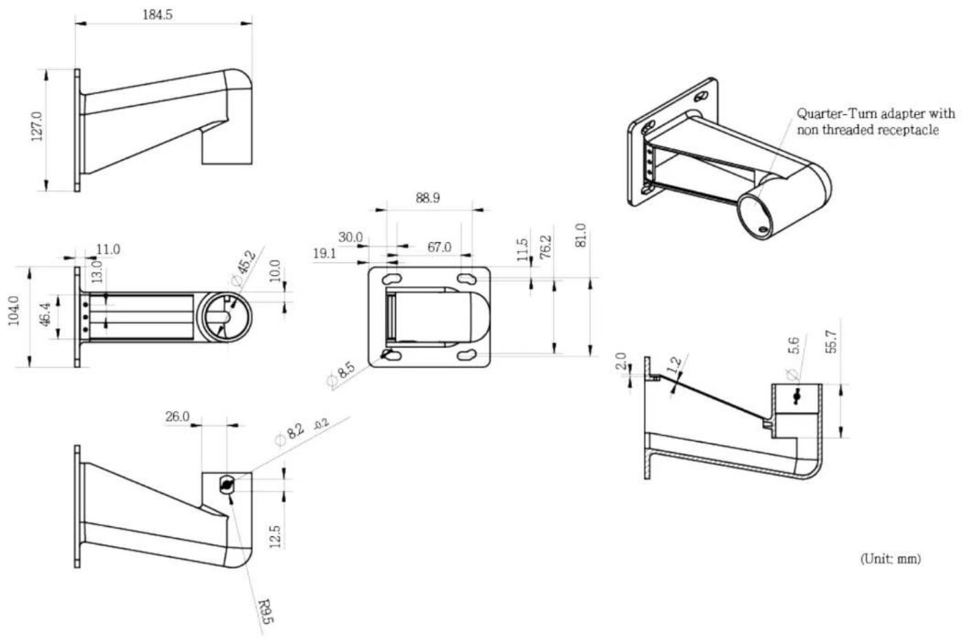 184.5 127.0 Quarter-Turn adapter with non threaded receptacle 104.0 11.0 Ø45.2 13.0 Ø8.5 67.0 30.0 19.1 88.9 11.5 76.2 81.0 2.0 1.2 5.6 55.7 (Unit: mm) 26.0 Ø8.2 Ø2 12.5 R85