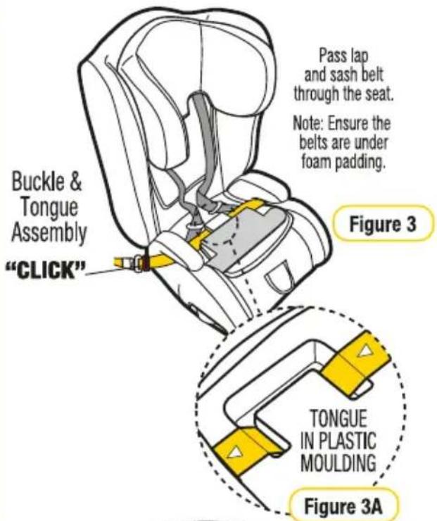 Buckle & Tongue Assembly "CLICK" Pass lap and sash belt through the seat. Note: Ensure the belts are under foam padding. Figure 3 TONGUE IN PLASTIC MOULDING Figure 3A